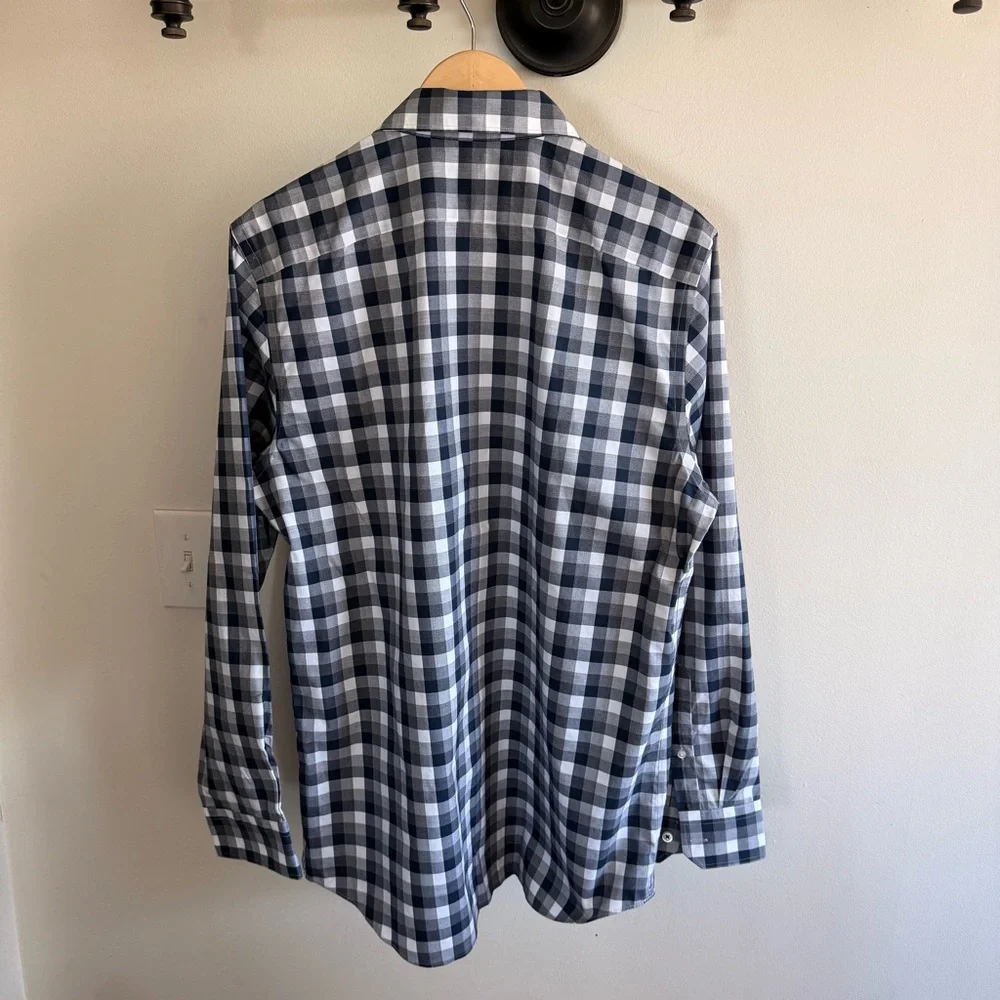 Banana Republic Men's Navy White Checkered Plaid Button-Up Shirt Stretch Large